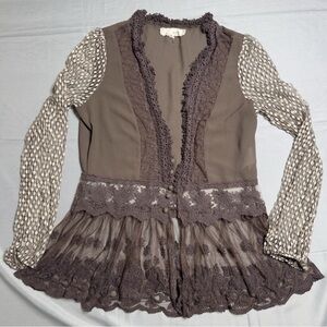 A'Reve Medium Brown and Olive Lace Sheer Deep V Neck Blouse Boho Peasant